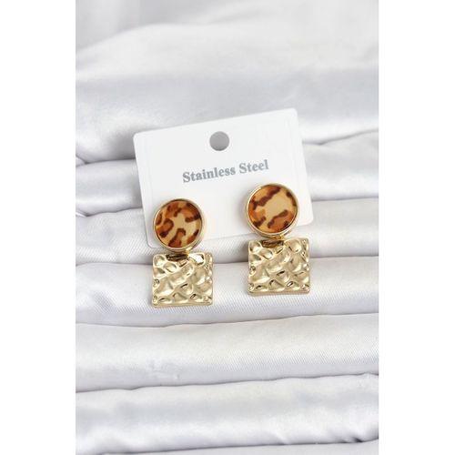 316L Çelik Gold Renk Leopar Desenli Plaka Model Kadın Küpe