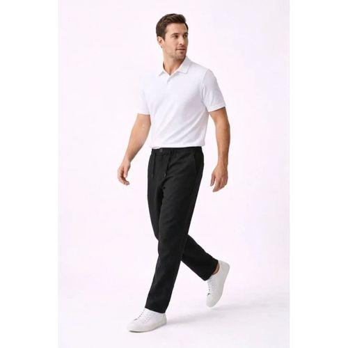 Erkek Keten Cepli Pantolon Lastikli Bel Bağcıklı Önden Fermuarlı - Siyah