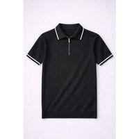 Jared Yakası Şeritli Dik Çizgili Yarım Fermuar İnce Triko Erkek T-Shirt - Siyah