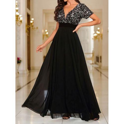 Kadın Kısa Kollu Derin V Yakalı A Kesim Pulpayet Detaylı şifon Nedime Elbisesi