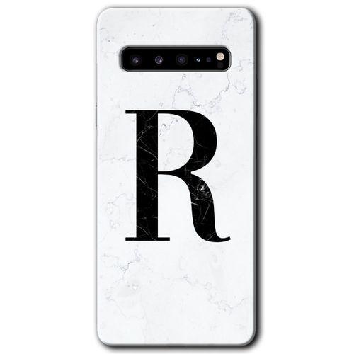 Potkal Hediye Fabrikası Samsung Galaxy S10 Plus Kılıf HD Desen Baskı Arka Kapak + TemperliCam - Beyaz Mermer Desenli R Harf
