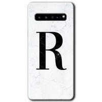 Potkal Hediye Fabrikası Samsung Galaxy S10 Plus Kılıf HD Desen Baskı Arka Kapak + TemperliCam - Beyaz Mermer Desenli R Harf