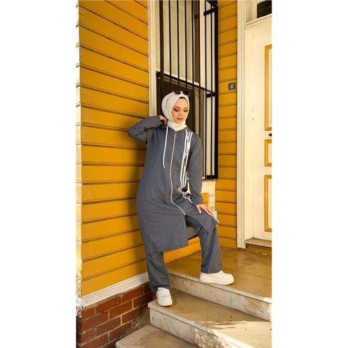 Fermuarlı Kapşonlu Uzun Tunik Pantolon İkili Tesettür Eşofman Takımı - 03077.006 - İndigo