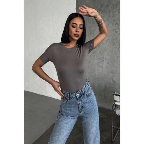 Rahat Ve Şık Kısa Kollu Bisiklet Yaka Likralı Viskon Penye Body Füme