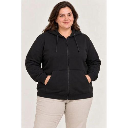 Battal Büyük Beden Üç İplik İçi Şardonlu Kapüşonlu Tam Fermuarlı Kışlık Sweatshirt - Siyah