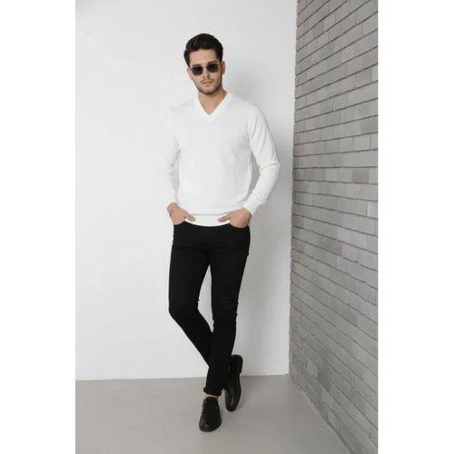 Erkek V Yaka Triko Kazak Yumuşak Dokulu Pamuklu Ince Dokuma, Uzun Kollu Rahat Regular Kalıp - Beyaz