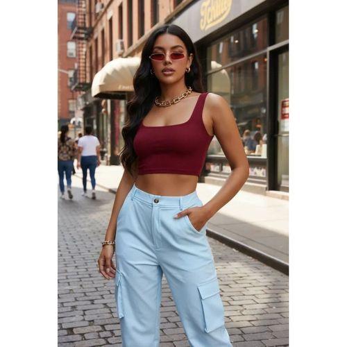 Kadın Bordo Kalın Askılı Crop Top Büstiyer Esnek Kumaş Şık Basic Kadın Üst Giyim