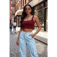 Kadın Bordo Kalın Askılı Crop Top Büstiyer Esnek Kumaş Şık Basic Kadın Üst Giyim