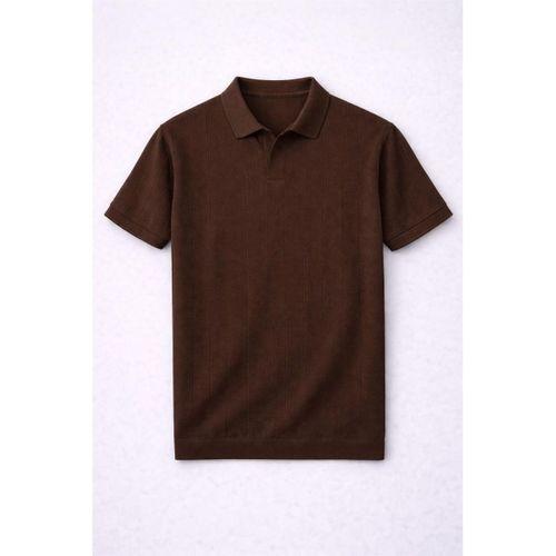 Çizgili V Yaka İnce Triko Oversize Relaxed Fit Polo Yaka Erkek T-Shirt - Kahve