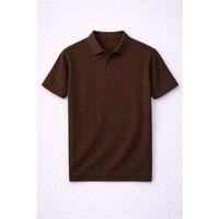 Çizgili V Yaka İnce Triko Oversize Relaxed Fit Polo Yaka Erkek T-Shirt - Kahve