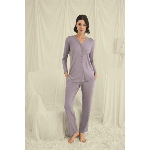 Uzun Kollu Düğmeli V Yaka Pijama Takımı