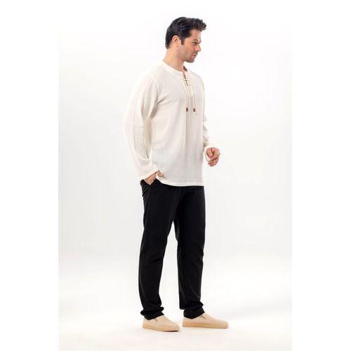 Büyük Beden Şile Bezi Uzun Kol Zımbalı Erkek Yazlık Tshirt Krem 3002