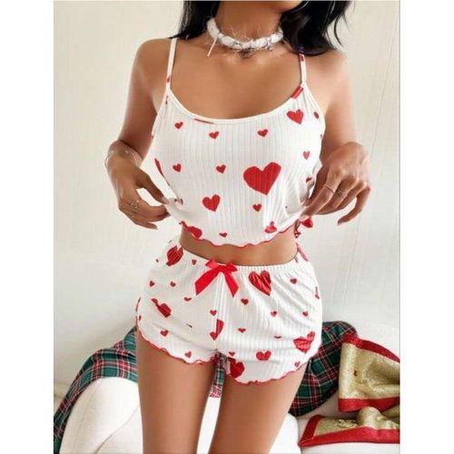 Beyaz Üstüne Kırmızı Kalp Desenli İnce Askılı Şortlu Pijama Takımı