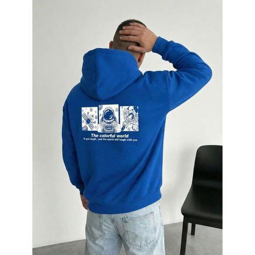 Erkek Kapüşonlu Oversize Üç İplik Pamuklu Astronot Temalı Renkli Dünya Baskılı - Saks Mavisi