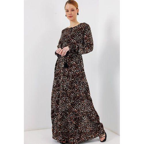 2145 Desenli Tesettür Elbise - C. Kahverengi