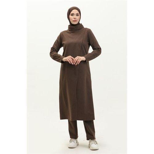 Kruvaze Balıkçı Yaka Sade Basic Uzun Tunik Panolon İkili Takım - 03043.028 - Kahverengi