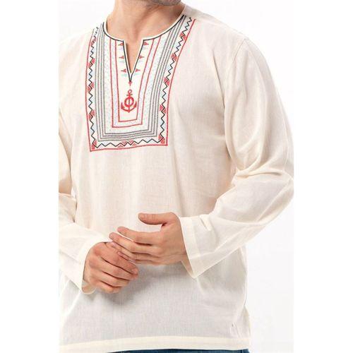 Uzun Kol Şile Bezi Bisiklet Yaka Bahriyeli Erkek Yazlık T-shirt Krem 3002