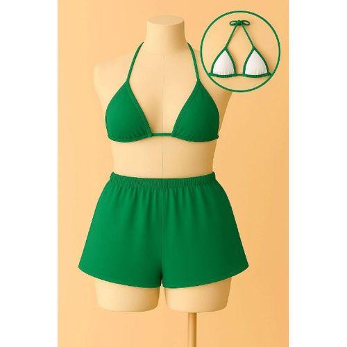 Yeşil Şortlu Üçgen Bikini Takımı Bağlamalı Esnek Kumaş Rahat Kadın Mayo Seti