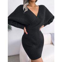 Kadın Uzun Kollu Kruvaze Geniş Yakalı Mini Triko Elbise
