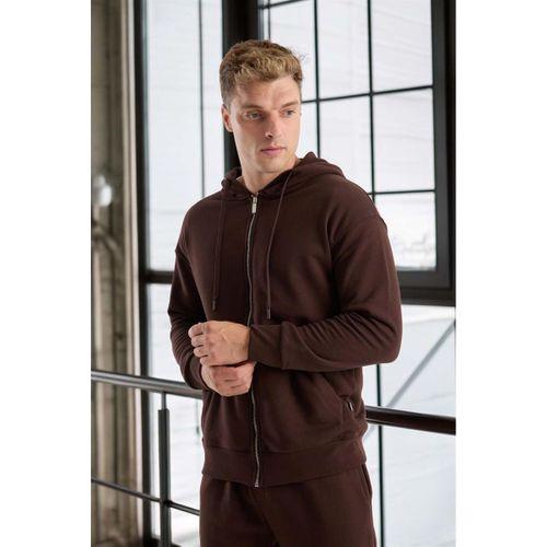 Haneke Regular Kalıp Diagonal 3 İplik Fermuarlı Kapüşonlu Erkek Sweatshirt - Kahve