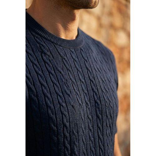 Walsh Saç Örgü Desenli Bisiklet Yaka İnce Triko Erkek T-Shirt - Lacivert