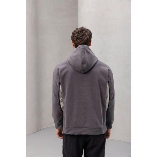 Frank Parçalı Kontrast Desenli Kapüşonlu Oversize Cepli Polar Erkek Sweatshirt - Füme