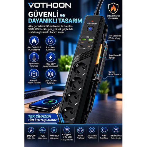 4’lü Akım Korumalı Çoklu Priz 4 Type-c 2 Usb Girişli 4.2a Hızlı Şarj Destekli Priz 3000w