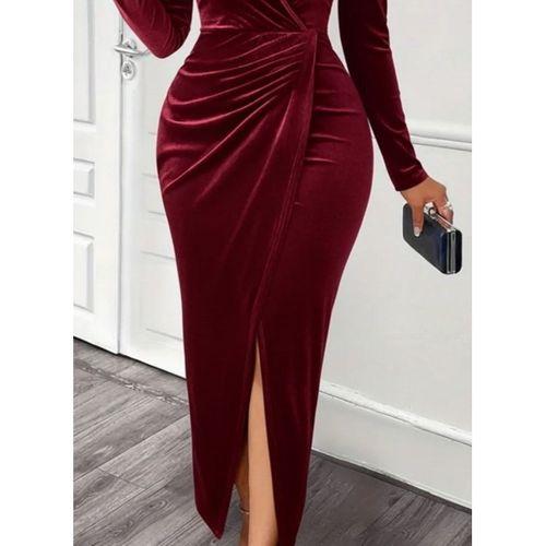Kadın Uzun Kollu Kruvaze Yaka önünden çapraz Detaylı Uzun Kadife Elbise