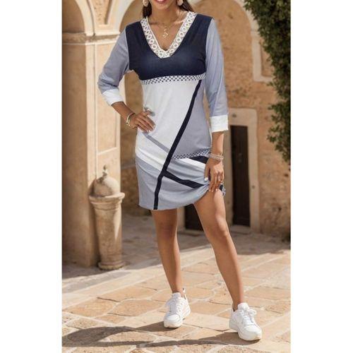 Kadın Fakir Kollu V Dantel Yaka Geometrik Desenli Dalgıç Elbise