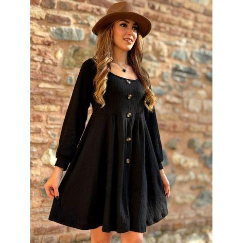 Kadın Uzun Kollu Kare Yaka Düğmeli Kısa şardonlu Iki Iplik Mini Elbise