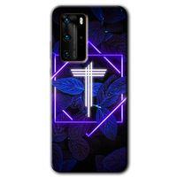 MRCİLETİSİM Huawei P40 Pro Kılıf HD Desen Baskılı Arka Kapak + Temperli Cam - Dark Neon Yaprak T Harfi