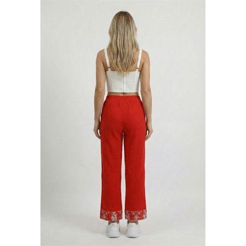 Nirvana Beli Lastikli Müslin Yandan Çift Cepli Nakışlı Pantolon Kırmızı Krmz