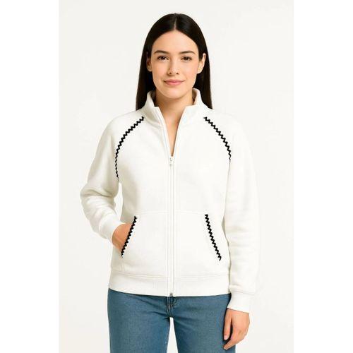 Oversize Dik Yaka Fermuarlı Sweatshirt - Zincir Nakışli Kanguru Cepli, - Beyaz