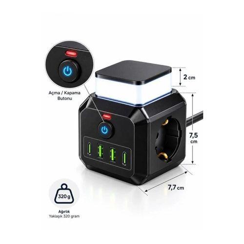 Akım Korumalı 3’lü Priz 2200w 1050j 10a Gece Lambalı 2 Usb 2 Type-c Şarj Girişli Bsp-4