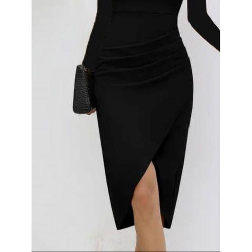 Kadın Uzun Kollu Kalp Yaka önden çapraz Detaylı Midi Ithal Krep Elbise