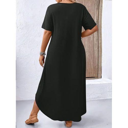 Kadın Kısa Kollu Bisiklet Yaka Cepli Salaş Viskon Elbise