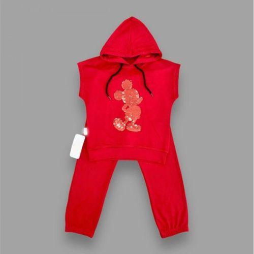 3-4-5 Yaş Kapşonlu Payetli Mickey Desenli Kısa Kol 2li Kız Erkek Çocuk Takımı Kırmızı