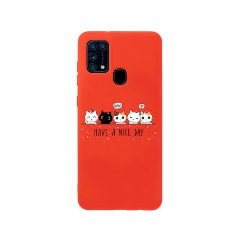 Samsung M21 Şirin Kedicikler Premium Silikonlu Kırmızı Telefon Kılıfı