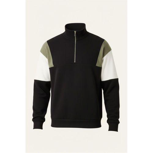 Oversize Erkek Kolları Garnili Selanik Örme Erkek Sweatshirt - Siyah