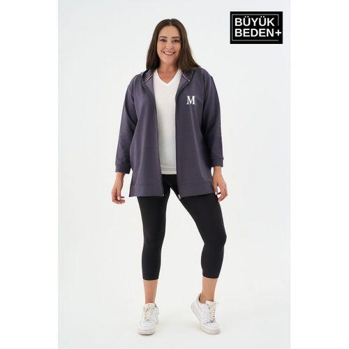 Kadın Tunik Büyük Beden M Baskılı Fermuarlı Kapşonlu Sweat Hırka SPR26BTK955-2