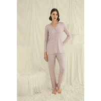 Uzun Kollu Düğmeli V Yaka Pijama Takımı