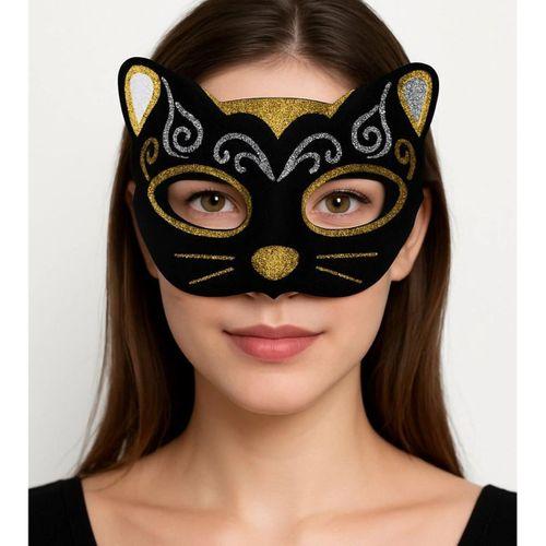 Kadife Dokulu Simli Kedi Maskesi Altın Gümüş Detaylı