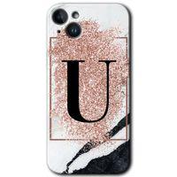 Potkal Hediye Fabrikası Potkal Hediye Fabrikası iPhone 14 Kılıf HD Desen Baskılı Arka Kapak - Temperli Cam - Pembe Mermer Desenli U Harfi