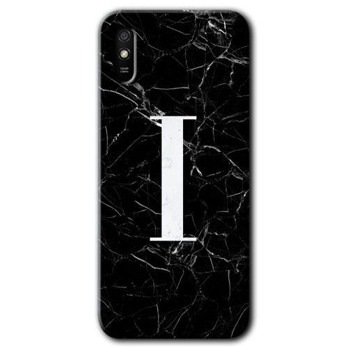 Redmi 9A Kılıf HD Desen Baskılı Arka Kapak - Siyah Mermer Desenli I Harfi + Kırılmaz Cam