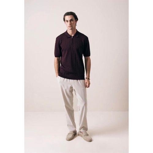 Burke Saç Örgü Yarım Fermuarlı Kısa Kollu İnce Triko Erkek T-Shirt - Bordo