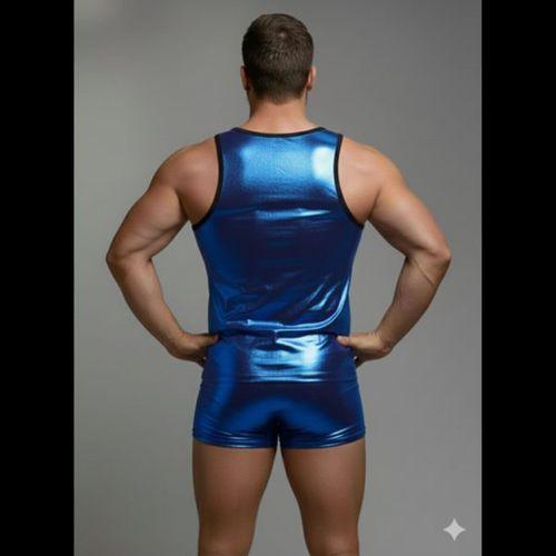 Erkek Mavi Lame Tank Top Boxer Takım