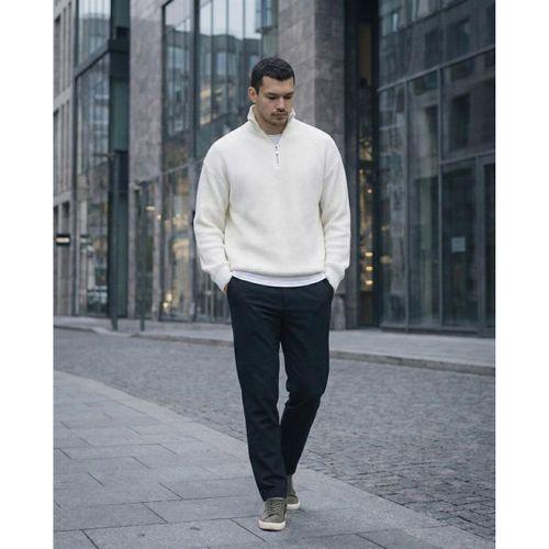 Nolan Oversize Selanik Örgü Yarım Fermuar Erkek Triko Kazak - Ekru