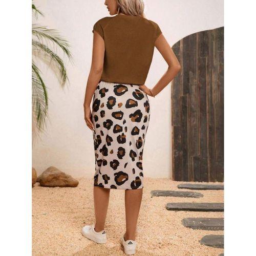 Kadın Kısa Kollu Bisiklet Yaka Viskon Bluz Desenli Dalgıç Etek Ikili Takım