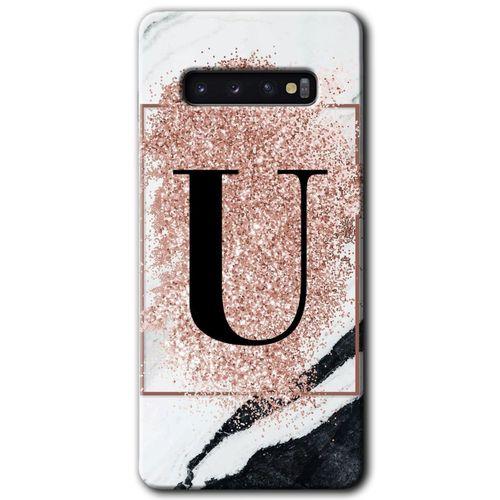 Samsung Galaxy S10 HD Baskılı Kılıf + 9D Tam Ekran Koruyucu - Pembe Mermer Desenli U Harfi