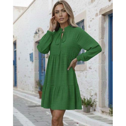 Kadın Uzun Kollu Yakadan Bağcıklı Fırfırlı Keten Mini Elbise